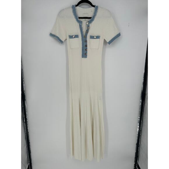 Sandro Alecia Knit and Denim Midi Dress Ribbed Midi Dress - Picture 2 of 9
